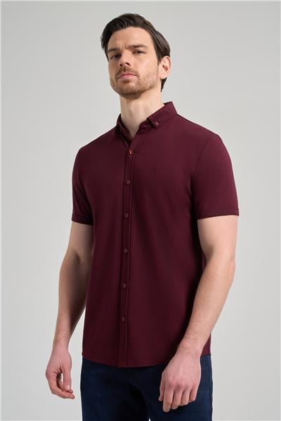 Bordo Kısa Kol Düz Örme İtalyan Yaka Cepsiz Pamuklu Classic Slim Fit Gömlek 1004250156