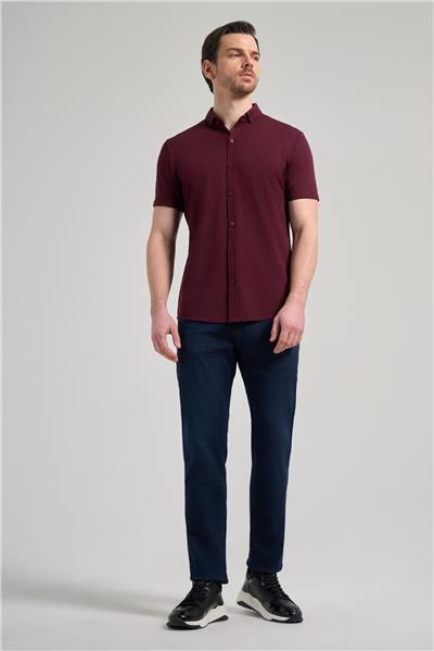 Bordo Kısa Kol Düz Örme İtalyan Yaka Cepsiz Pamuklu Classic Slim Fit Gömlek 1004250156