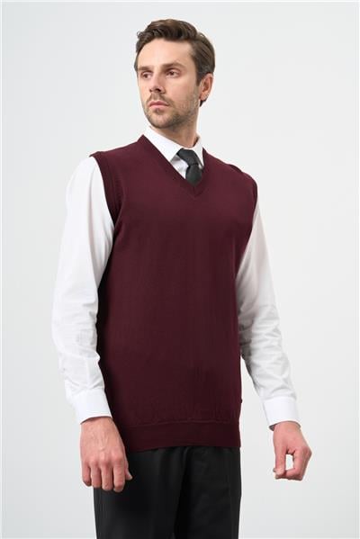 Bordo Düz Örme V Yaka Classic Comfort Fit Triko 1012245003