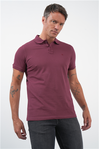 Bordo Polo Yaka Kısa Kol Cepsiz Slim Fit Pamuklu Tişört 1011260154