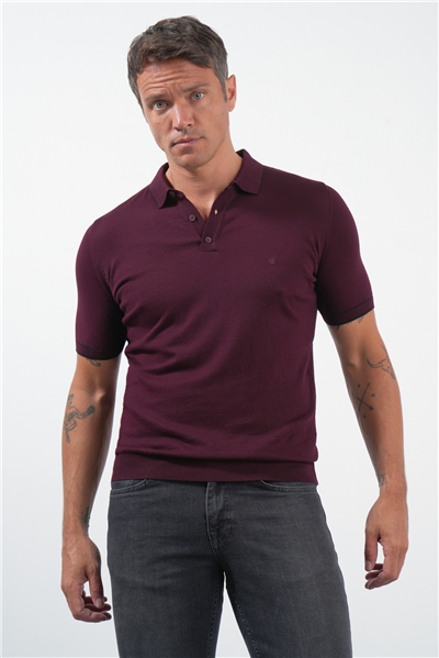 Bordo Polo Yaka Kısa Kol Örme Comfort Fit %100 Pamuk Kazak 1012260151