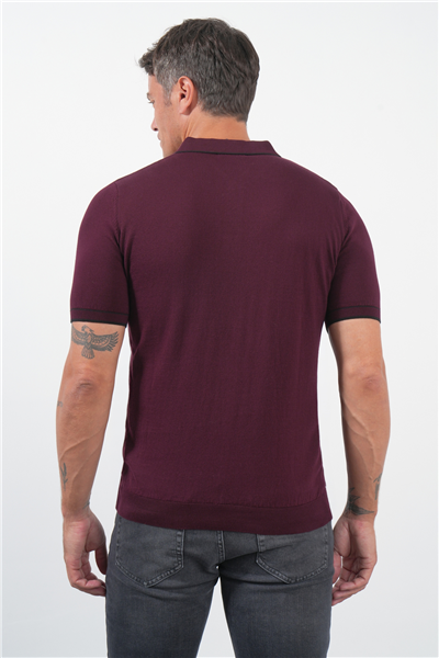 Bordo Polo Yaka Kısa Kol Örme Comfort Fit %100 Pamuk Kazak 1012260151