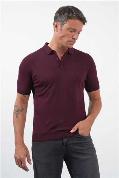 Bordo Polo Yaka Kısa Kol Örme Comfort Fit %100 Pamuk Kazak 1012260151
