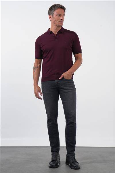 Bordo Polo Yaka Kısa Kol Örme Comfort Fit %100 Pamuk Kazak 1012260151