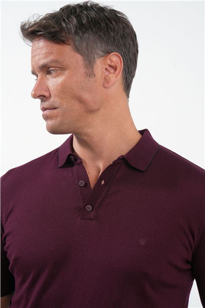 Bordo Polo Yaka Kısa Kol Örme Comfort Fit %100 Pamuk Kazak 1012260151