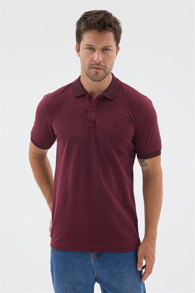 Bordo Polo Yaka Pike Kısa Kol Slim Fit %100 Pamuk Tişört 1011260171