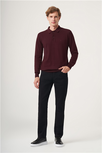Bordo Polo Yaka Uzun Kol Örme Comfort Fit Pamuklu Kazak 1012265150