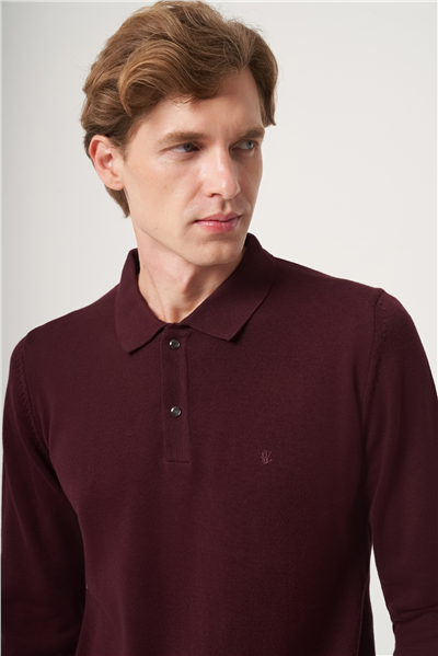 Bordo Polo Yaka Uzun Kol Örme Comfort Fit Pamuklu Kazak 1012265150