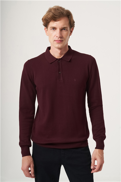 Bordo Polo Yaka Uzun Kol Örme Comfort Fit Pamuklu Kazak 1012265150