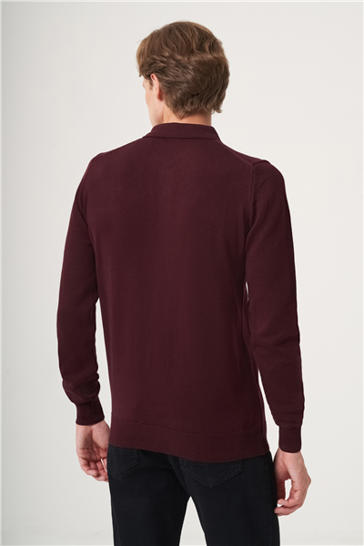 Bordo Polo Yaka Uzun Kol Örme Comfort Fit Pamuklu Kazak 1012265007