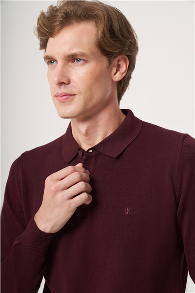 Bordo Polo Yaka Uzun Kol Örme Comfort Fit Pamuklu Kazak 1012265007