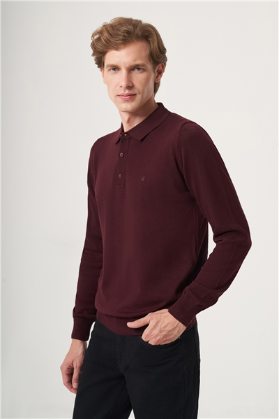 Bordo Polo Yaka Uzun Kol Örme Comfort Fit Pamuklu Kazak 1012265007