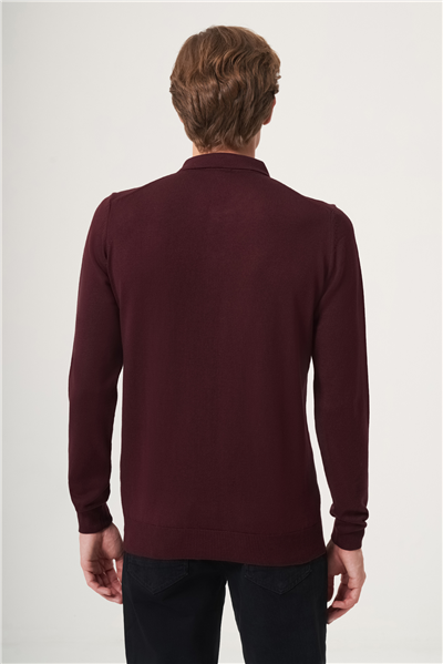 Bordo Polo Yaka Uzun Kol Örme Comfort Fit Pamuklu Kazak 1012265150