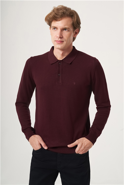 Bordo Polo Yaka Uzun Kol Örme Comfort Fit Pamuklu Kazak 1012265150