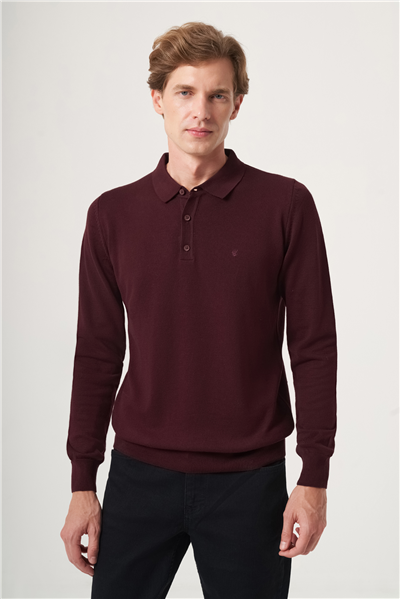 Bordo Polo Yaka Uzun Kol Örme Comfort Fit Pamuklu Kazak 1012265007