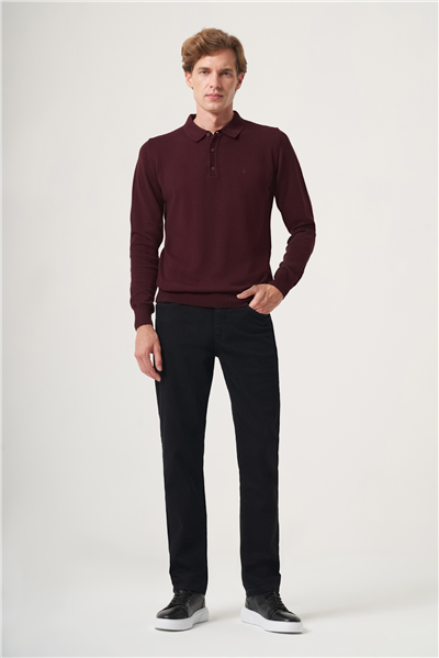 Bordo Polo Yaka Uzun Kol Örme Comfort Fit Pamuklu Kazak 1012265007