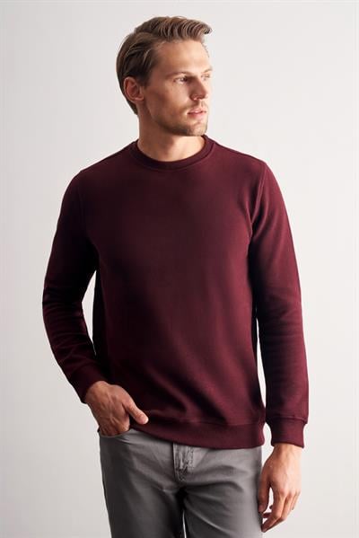 Bordo Uzun Kol Bisiklet Yaka Düz Pamuklu Comfort Fit Sweatshirt 1013255150