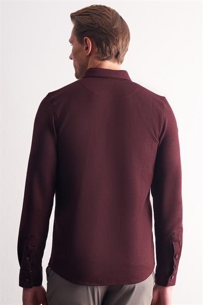Bordo Uzun Kol Düğmeli Yaka Kendinden Desenli Pamuklu Slim Fit Gömlek 1004255267