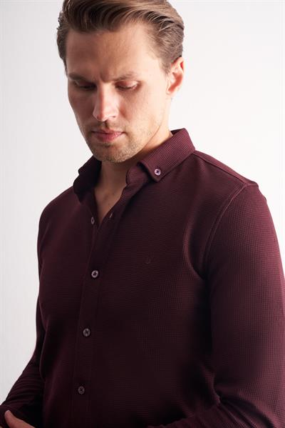 Bordo Uzun Kol Düğmeli Yaka Kendinden Desenli Pamuklu Slim Fit Gömlek 1004255267