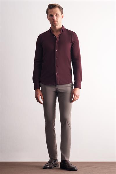 Bordo Uzun Kol Düğmeli Yaka Kendinden Desenli Pamuklu Slim Fit Gömlek 1004255267