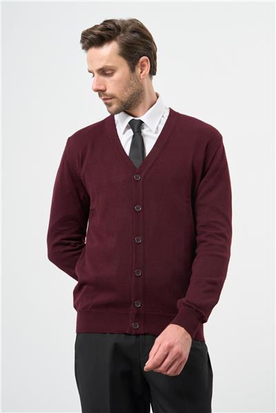 Bordo Uzun Kol Düz Örme V Yaka Classic Comfort Fit Triko 1012245016