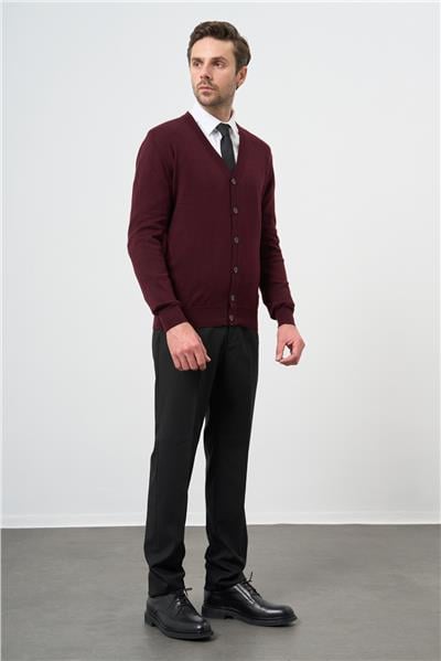 Bordo Uzun Kol Düz Örme V Yaka Classic Comfort Fit Triko 1012245016