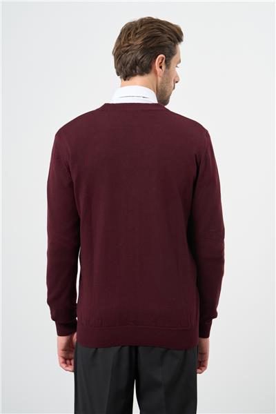 Bordo Uzun Kol Düz Örme V Yaka Classic Comfort Fit Triko 1012245016