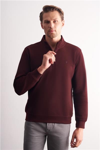 Bordo Uzun Kol Hakim Yaka Düz Pamuklu Comfort Fit Sweatshirt 1013255151