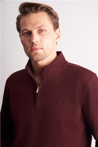Bordo Uzun Kol Hakim Yaka Düz Pamuklu Comfort Fit Sweatshirt 1013255151