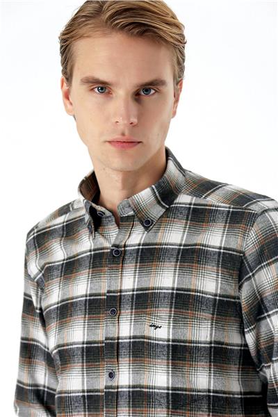 Bordo Uzun Kollu Ekoseli Bez Ayağı Düğmeli Yaka Cepli Pamuklu Comfort Fit Gömlek 1004235173