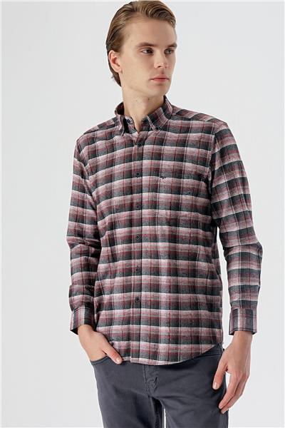 Bordo Uzun Kollu Ekoseli Bez Ayağı Düğmeli Yaka Cepli Pamuklu Comfort Fit Gömlek 1004235173