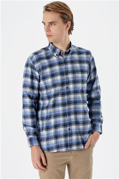 Bordo Uzun Kollu Ekoseli Bez Ayağı Düğmeli Yaka Cepli Pamuklu Comfort Fit Gömlek 1004235173