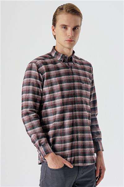 Bordo Uzun Kollu Ekoseli Bez Ayağı Düğmeli Yaka Cepli Pamuklu Comfort Fit Gömlek 1004235173