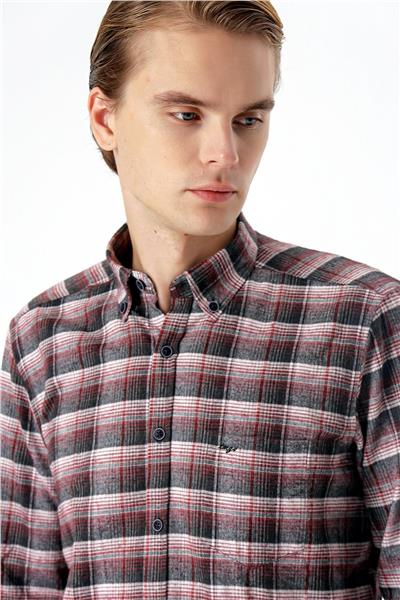 Bordo Uzun Kollu Ekoseli Bez Ayağı Düğmeli Yaka Cepli Pamuklu Comfort Fit Gömlek 1004235173