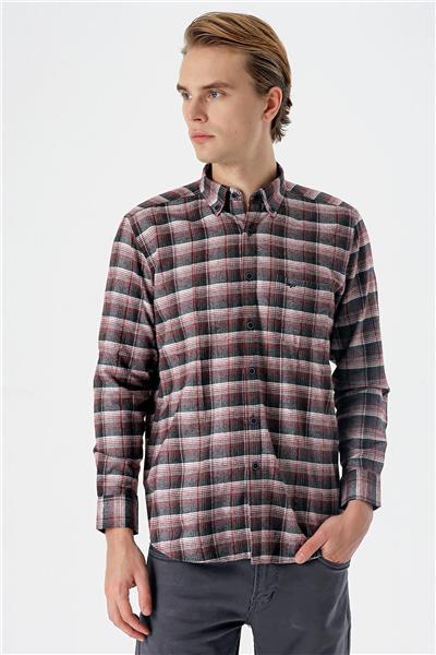 Bordo Uzun Kollu Ekoseli Bez Ayağı Düğmeli Yaka Cepli Pamuklu Comfort Fit Gömlek 1004235173