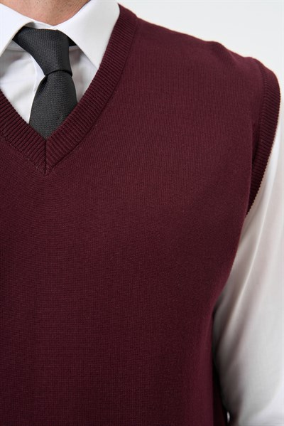 Bordo V Yaka Cepsiz Slim Fit Classic Yünlü Triko Süeter 1012255003
