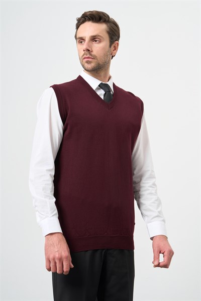 Bordo V Yaka Cepsiz Slim Fit Classic Yünlü Triko Süeter 1012255003