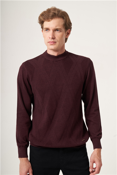 Bordo Yarım Balıkçı Yaka Baklava Desen Comfort Fit Pamuklu Triko 1012265108