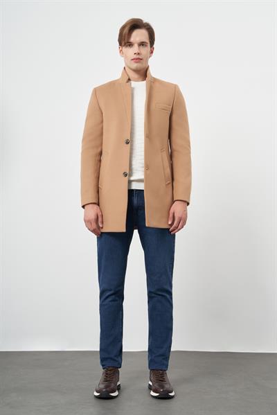 Camel Kaşe Dik Yaka Kapitoneli Astar Slim Fit Dar Kesim Klasik Kaban 1008245171