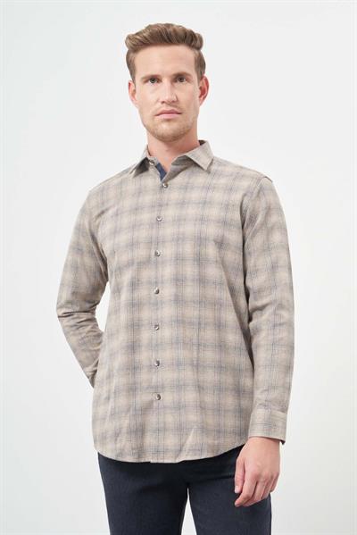 Camel Uzun Kol Ekose Desen Gabardin Cepsiz Pamuklu Classic Comfort Fit Gömlek 1004245165