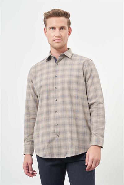 Camel Uzun Kol Ekose Desen Gabardin Cepsiz Pamuklu Classic Comfort Fit Gömlek 1004245165
