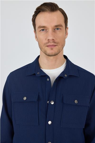 Çizgili Desen Gofreli Ayaklı Gömlek Yaka Astarsız Esnek Comfort Fit Mont 1007250117