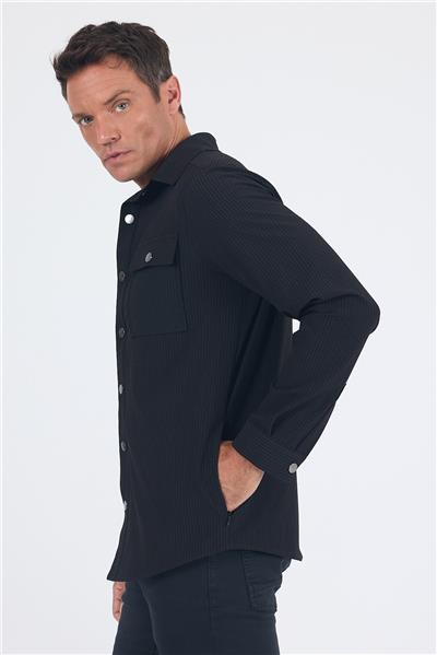 Siyah Desen Gofreli Ayaklı Gömlek Yaka Astarsız Esnek Comfort Fit Mont 1007250117