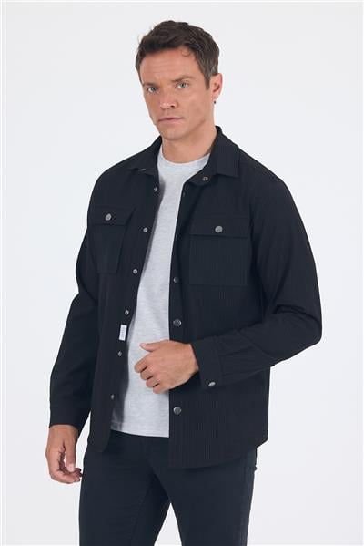 Siyah Desen Gofreli Ayaklı Gömlek Yaka Astarsız Esnek Comfort Fit Mont 1007250117