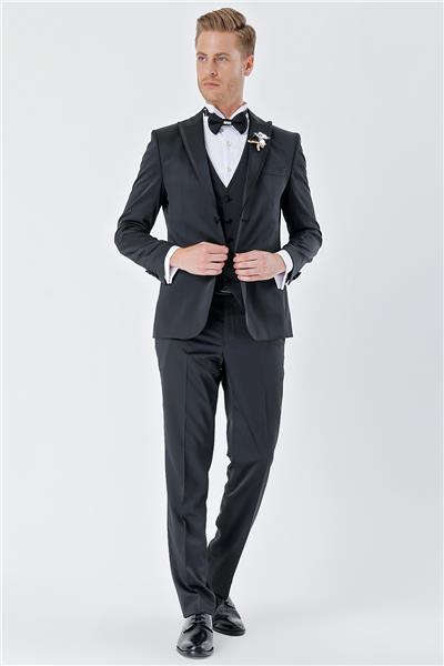 Siyah Desenli Armürlü Çıkarılabilir Kırlangıç Yaka 6 Drop Slim Fit Smokin Damatlık Takım 1001230213