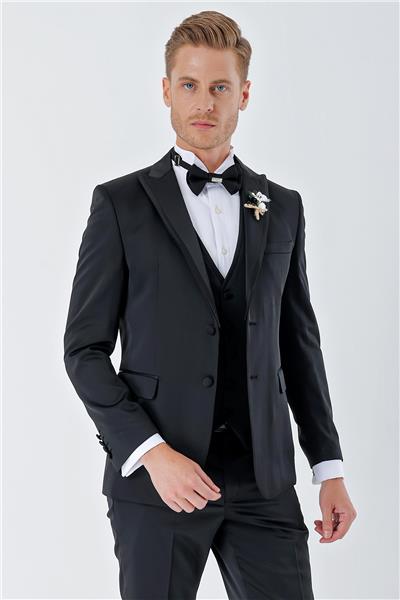 Siyah Desenli Armürlü Çıkarılabilir Kırlangıç Yaka 6 Drop Slim Fit Smokin Damatlık Takım 1001230213