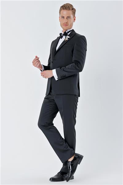 Siyah Desenli Armürlü Çıkarılabilir Kırlangıç Yaka 6 Drop Slim Fit Smokin Damatlık Takım 1001230213