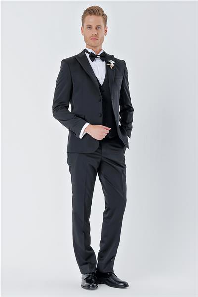 Siyah Desenli Armürlü Çıkarılabilir Kırlangıç Yaka 6 Drop Slim Fit Smokin Damatlık Takım 1001230213