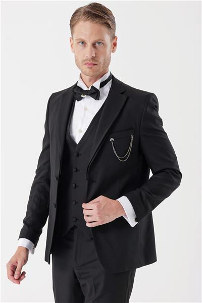 Siyah Armürlü Çıkarılabilir Mono Yaka Yelekli 6 Drop Slim Fit Smokin Damatlık Takım 1001230202