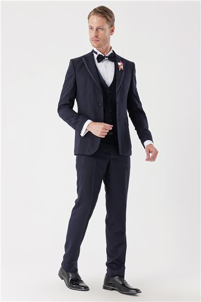 Koyu Lacivert Çıkarılabilir Mono Yaka Yelekli 6 Drop Slim Fit Smokin Damatlık Takım 1001230202